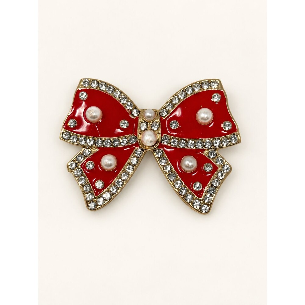 Red Enamel Bow Brooch Pin Gold Tone Clear Rhinestones Faux Pearls Holiday Jewelr
